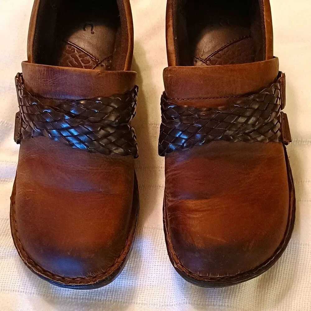 b.o.c Women’s Brown Leather Slip-On Flats Woven Strap Round Toe 9.5